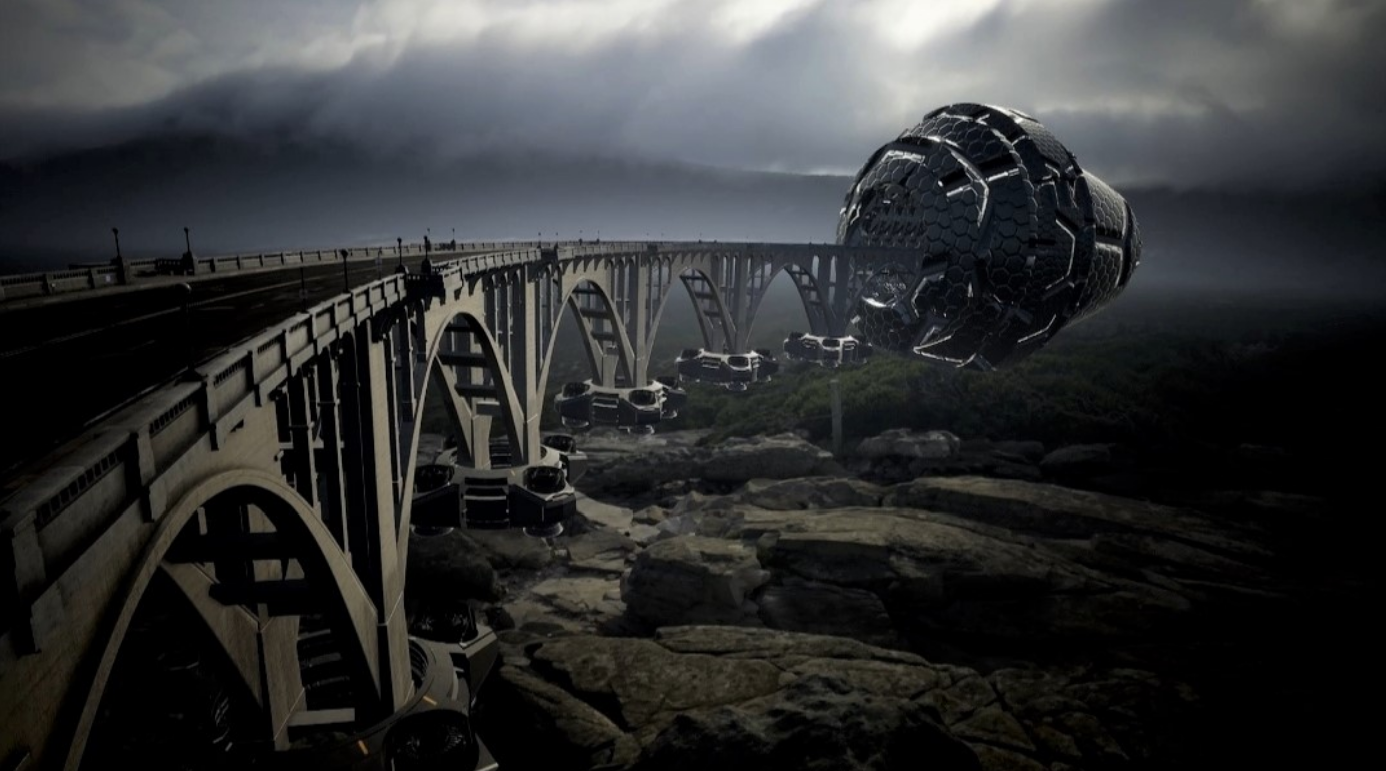 Bridgection: an arched bridge on hover pads beside a giant armoured sphere, under storm clouds